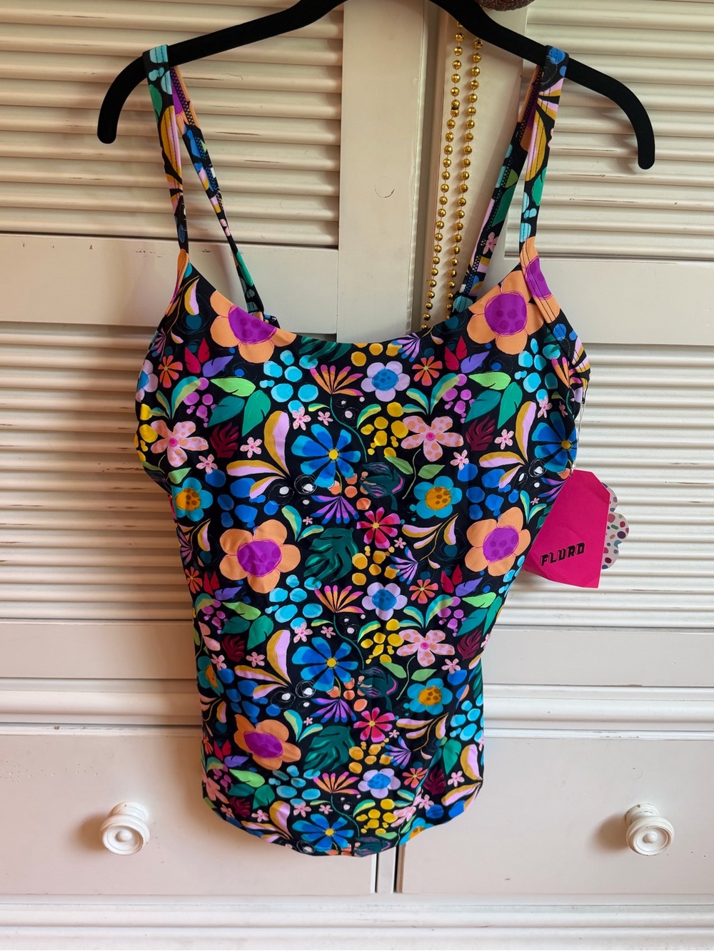 Infamous Swim Tankini Top, Black Multicolored Floral, XL, NWT